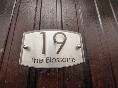 A house number sign displaying 19 The Blossoms on a dark wooden door at 19 Cherry Park in Chapel St Leonards