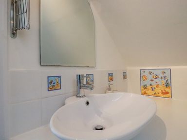 A bathroom sink with a faucet and mirror above and tiles with sea creatures at Sea View in Mevagissey