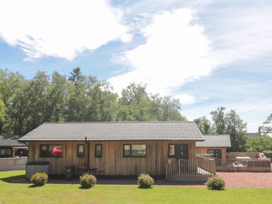 A wooden cabin with a tiled roof and small bushes in front at Lodge 32 in Otterburn