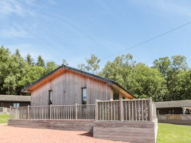 A wooden cabin with a fenced deck surrounded by trees at Lodge 32 in Otterburn