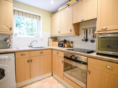 A kitchen with wooden cabinets a sink an oven microwave toaster and utensils at 52 Fernhill Heights in Charmouth