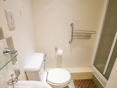 A bathroom with a toilet a wall-mounted toilet paper holder and a shower area at 52 Fernhill Heights in Charmouth