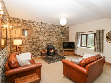 A living room with two brown leather sofas a stone fireplace and a television at Bullfinch Cottage in Kingsland