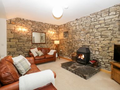 A living room with two brown leather sofas a stone fireplace a wooden TV stand and a mirror on a stone wall at Bullfinch Cottage in Kingsland