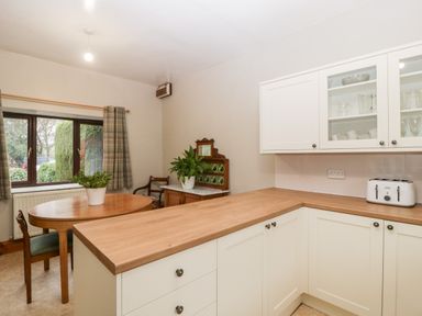 A kitchen with white cabinets wooden countertops a dining table with chairs and potted plants at Bullfinch Cottage in Kingsland