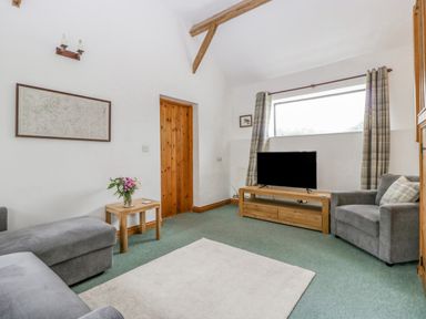 A living room with grey sofas a wooden tv stand and a small wooden side table with flowers at Fieldfare in Kingsland