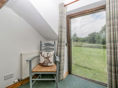 A corner with a wooden chair with a deer cushion next to a radiator and window showing a green field at Fieldfare in Kingsland