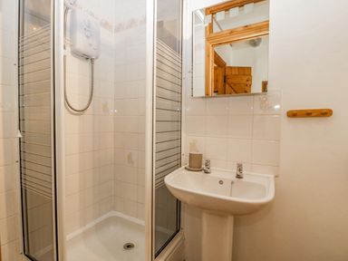 A bathroom with a shower enclosure and a pedestal sink with a mirror above at Fieldfare in Kingsland