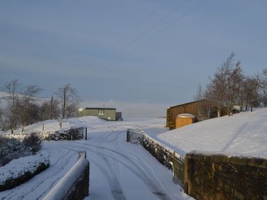 A snowy rural path with tire tracks leading to a gate and small buildings surrounded by trees and stone walls at Heather Hut at Copy House Hideaway in Earby