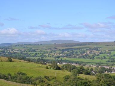 A rural landscape with green fields trees and houses under a blue sky at Heather Hut at Copy House Hideaway in Earby