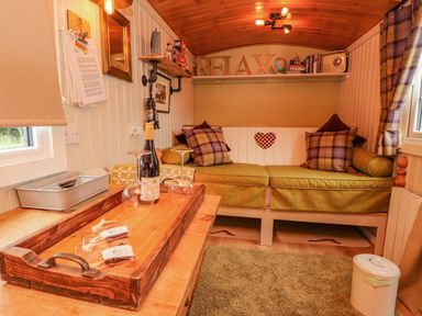 A small living room with a green sofa with plaid pillows a wooden tray with wine and glasses on a table and shelves with books at Heather Hut at Copy House Hideaway in Earby