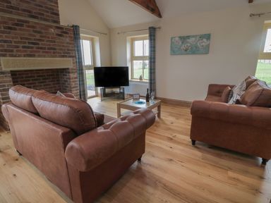 A living room with two brown sofas a TV on a stand a wooden coffee table with wine and glasses and a brick fireplace at Whinny Cottage in Embleton