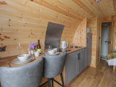 A kitchenette with two dining chairs plates bowls glasses a kettle and a sink in a wooden pod at Dysynni Pod in Llanegryn near Tywyn