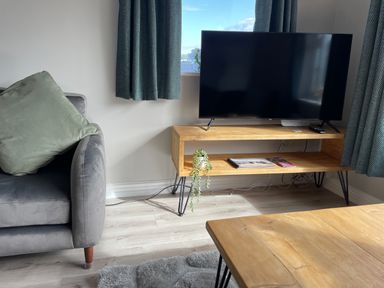 A living room with a gray sofa and green cushion a wooden TV stand with a flat screen TV and books and a wooden coffee table at Treestumps in Benllech