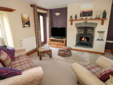 A living room with plaid sofas a wooden coffee table and a fireplace with a wood stove at 2 Yr Hen Felin in Castle Morris near Letterston