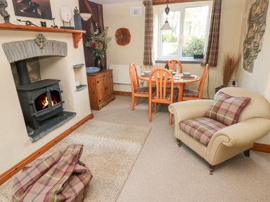A living room with a wood stove fireplace dining table with four chairs and an armchair at 2 Yr Hen Felin in Castle Morris near Letterston