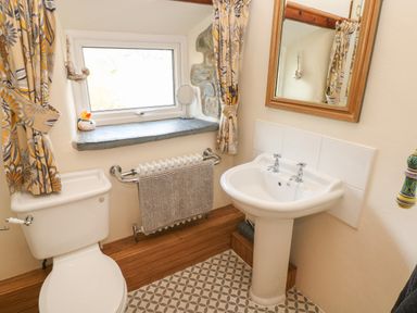 A bathroom with a toilet a sink a mirror a window with curtains and a radiator at 2 Yr Hen Felin Castle Morris near Letterston
