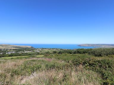 A coastal landscape with fields, bushes, houses, and a blue sea under a clear sky at 2 Yr Hen Felin Castle Morris near Letterston