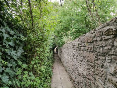 A narrow paved pathway bordered by a stone wall on one side and dense green foliage on the other at White Roses in Whitchurch near Monmouth