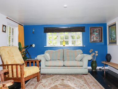 A living room with a sofa an armchair a rug and blue accent wall at The Cottage in St Kew