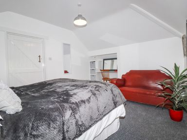 A bedroom with a bed covered by a dark blanket a red sofa a wooden chair a desk with storage shelves and a potted plant at The Cottage in St Kew