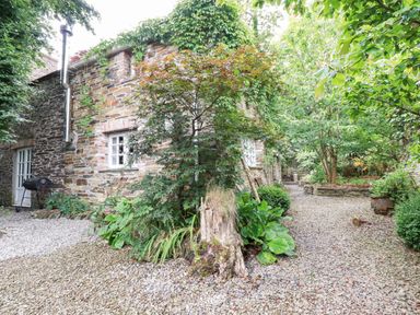 A gravel pathway around a stone building with plants and trees at The Cottage in St Kew