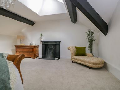 A room with a chaise lounge with a green pillow a black fireplace wooden dresser with a lamp and plant at The Residence in Cleator