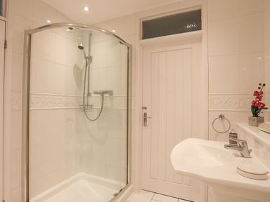 A bathroom with a glass shower enclosure a sink a door and a flower decoration at White Sails in Y Felinheli