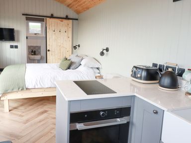 A small room with a bed a kitchen counter with appliances and a bathroom visible through a wooden sliding door at Northcott Hut Stibb near Bude