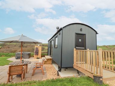 An outdoor area with wooden table chairs large umbrella hot tub and a small dark cabin with ramp at Northcott Hut Stibb near Bude