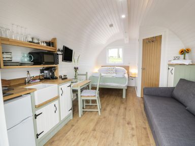 A small living space with a kitchen area dining table bed and sofa at Laird Lodge 1 in Lochmaben