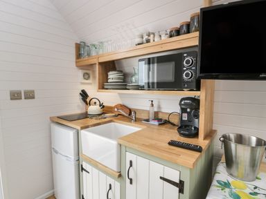 A small kitchen with sink microwave coffee machine and TV at Laird Lodge 1 in Lochmaben