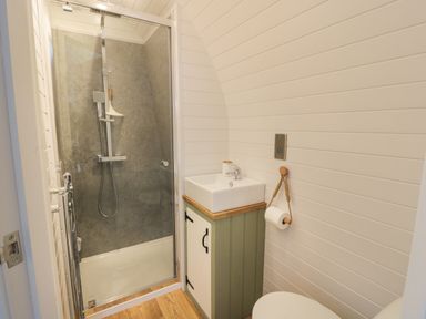 A small bathroom with a shower cubicle a sink with cabinet and a toilet at Laird Lodge 1 in Lochmaben