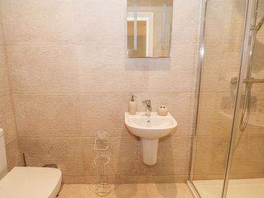 A bathroom with a toilet a pedestal sink a wall mirror a shower enclosure and a toilet paper holder at Sardis Chapel 1 Malltraeth
