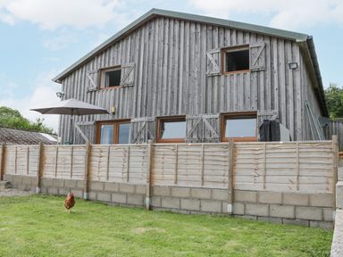 A wooden building with shuttered windows and a fenced garden with a chicken and umbrella at Top Lodge Llanvair-Discoed near Penhow