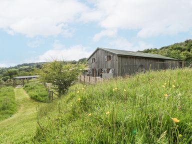 A wooden barn surrounded by grass and wildflowers in a rural area at Top Lodge in Llanvair-Discoed near Penhow