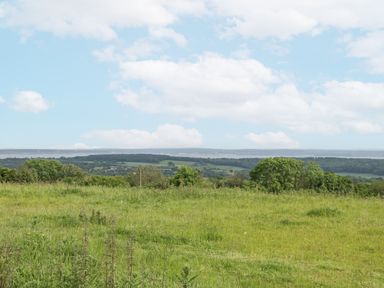A grassy field with trees and distant hills under a partly cloudy sky at Top Lodge in Llanvair-Discoed near Penhow