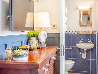 A wooden dresser with a lamp plants and decorative items next to a bathroom with a toilet and sink at Pentreath in Kingsand