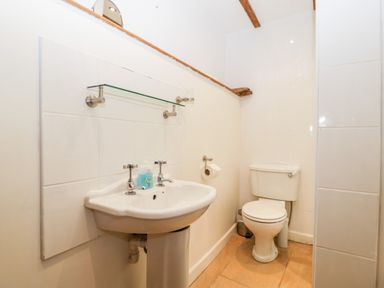 A bathroom with a white pedestal sink and a toilet at Nympy Cottage in Nympsfield near Nailsworth