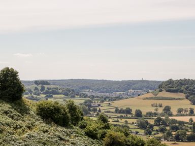 A rural landscape with fields, trees, and hills under a partly cloudy sky at Nympy Cottage in Nympsfield near Nailsworth