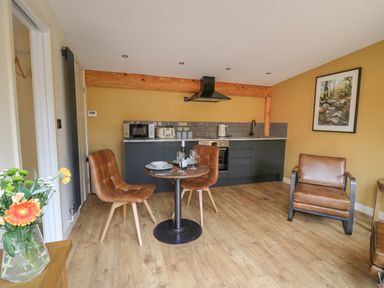 A kitchen area with table and chairs a microwave and toaster on counter and a framed picture on the wall at Rhosyn in Llangadfan