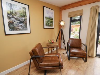 A sitting area with two brown leather chairs a wooden side table with fruit a tripod floor lamp and framed pictures on the wall at Rhosyn in Llangadfan