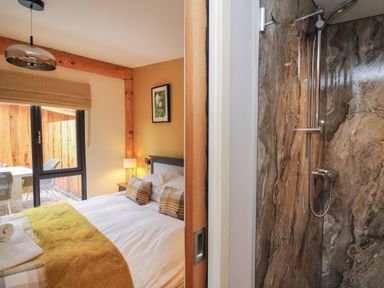 A bedroom with a bed and pillows next to a window and an adjoining bathroom with a shower at Rhosyn in Llangadfan