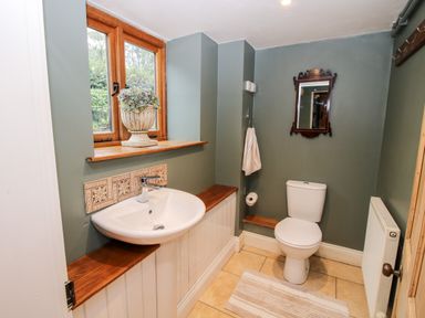 A bathroom with a toilet sink a window with plant and a mirror on the wall at Pentre Hall in Bronygarth near Chirk