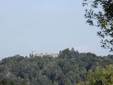 A castle on a hill surrounded by trees with a flag flying at the top at Pentre Hall in Bronygarth near Chirk