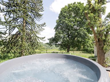 An outdoor hot tub with bubbling water and trees in the background at Pentre Hall in Bronygarth near Chirk