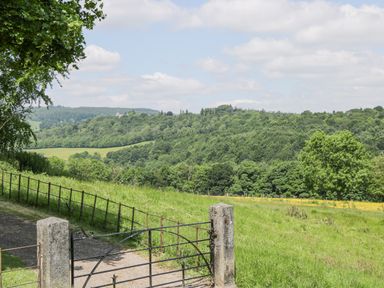 A metal gate leads to a grassy field with trees and hills in the background at Pentre Hall in Bronygarth near Chirk