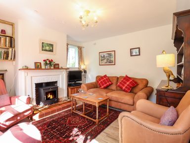A living room with a fireplace a brown sofa with red cushions two armchairs a wooden coffee table a dark wooden cabinet a lamp and a television at Warren Cottage in Bures near Assington