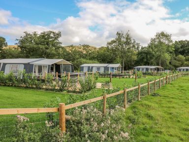 A fenced grassy area with several large tents and trees at The Salmon in Nantmel near Rhayader