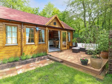 A wooden cabin with an open door leading to a deck with seating and plants at Willow Lodge in Potter Heigham